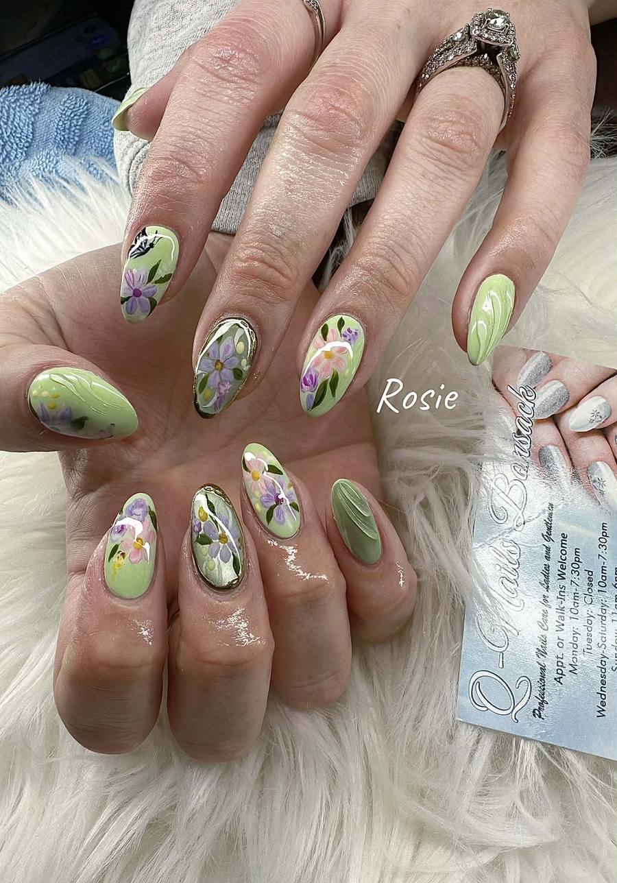 Sage florals nail art