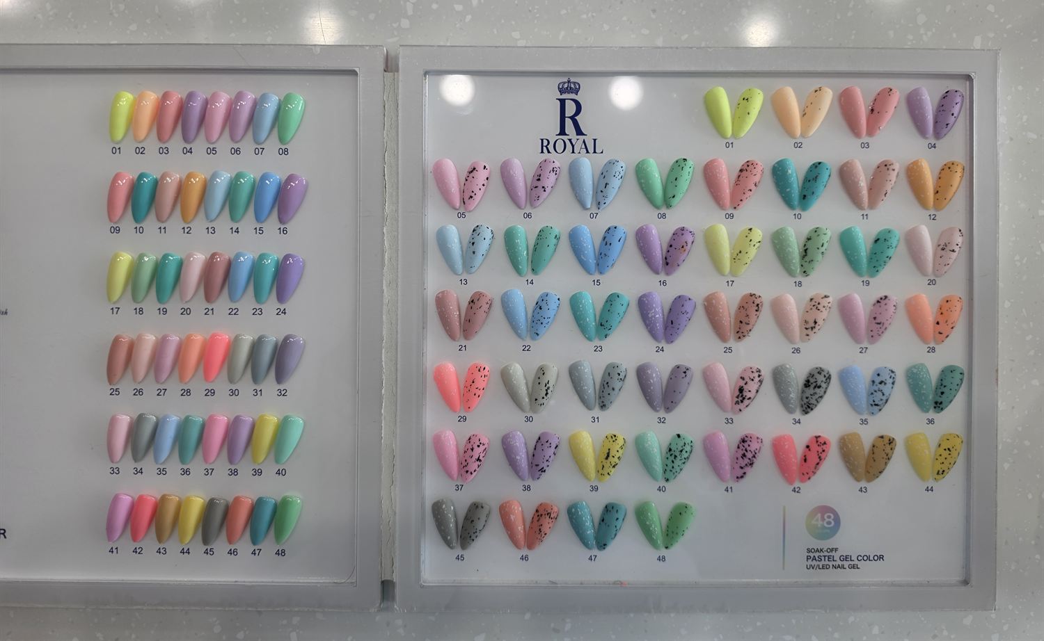 Pastel speckled gel colors, numbers 1 to 48