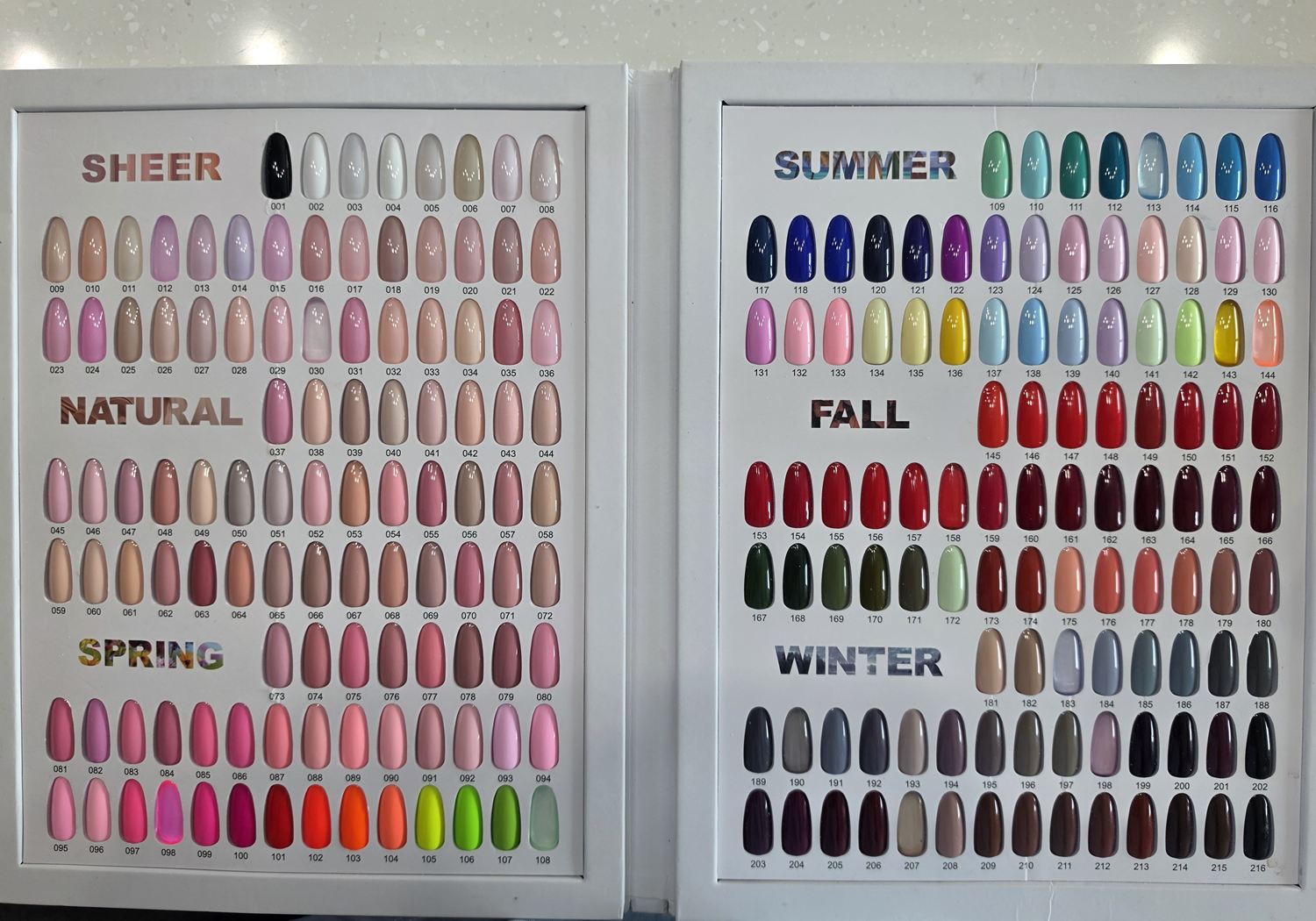 Solid gel colors organized by season
