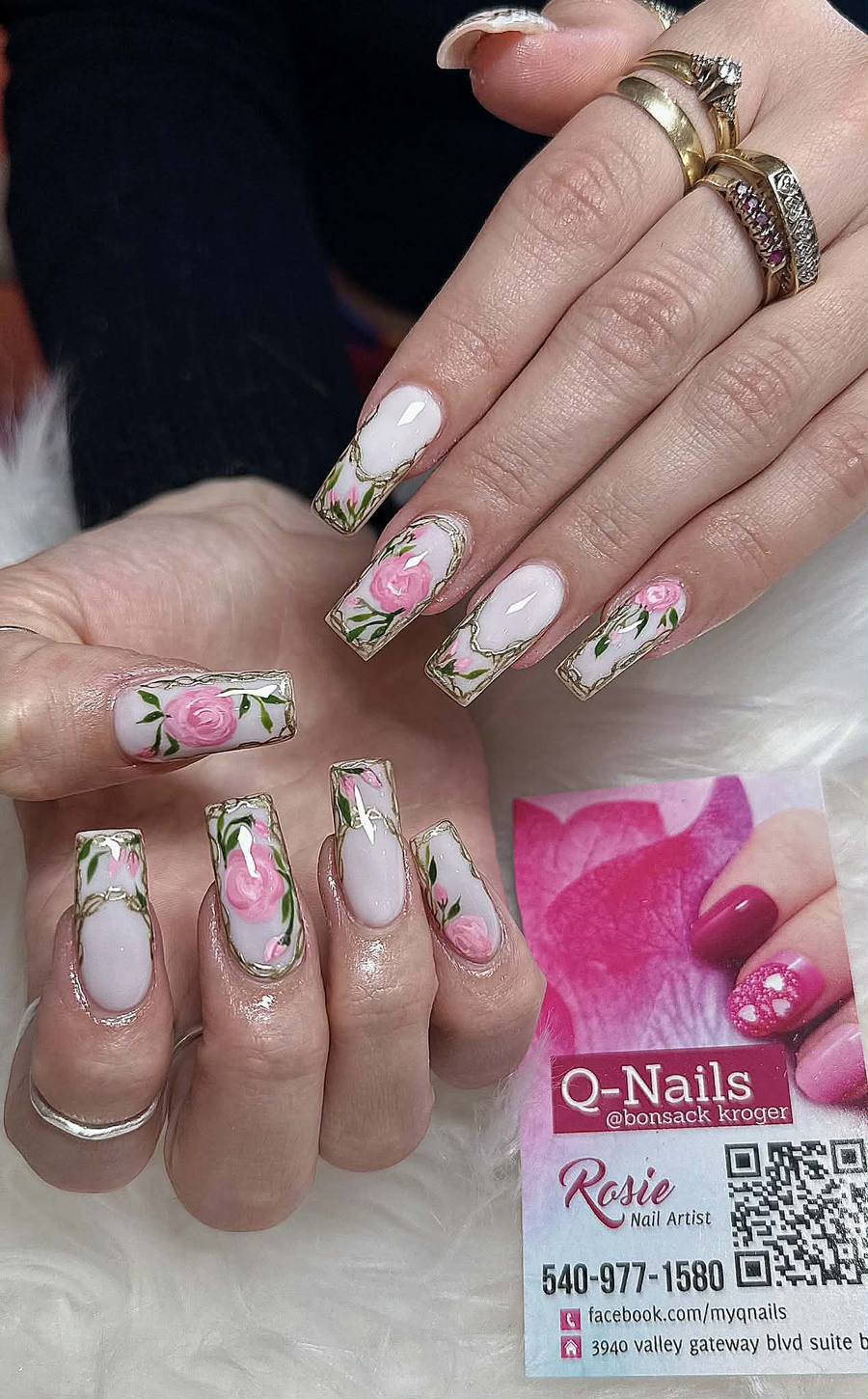 Roses & Gold hand-painted nail art by Rosie